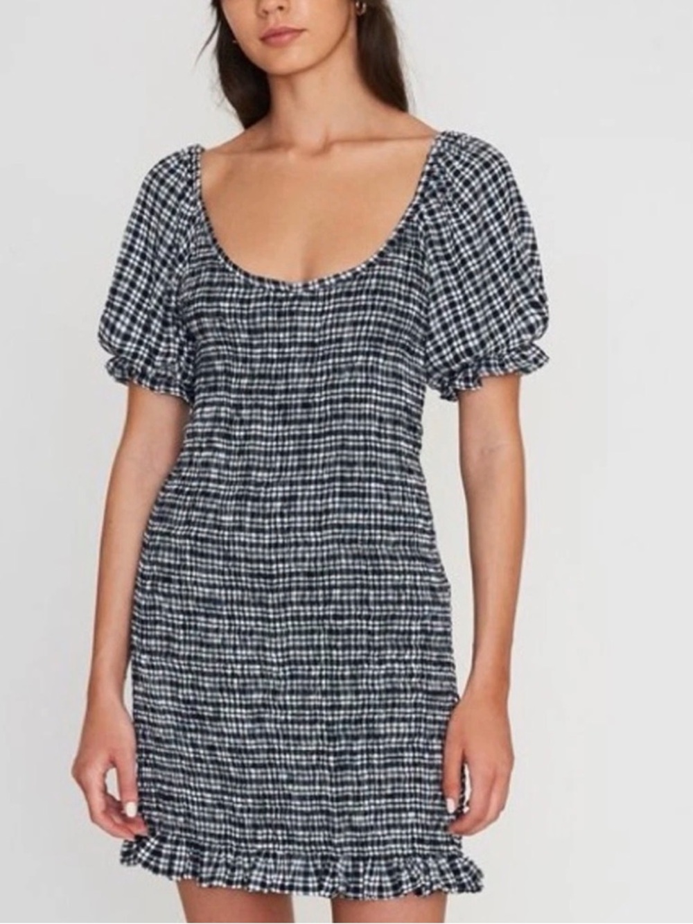Faithfull the Brand Milia Dress Black White Gingham Smocked Puff Sleeve SZ 8 Sm